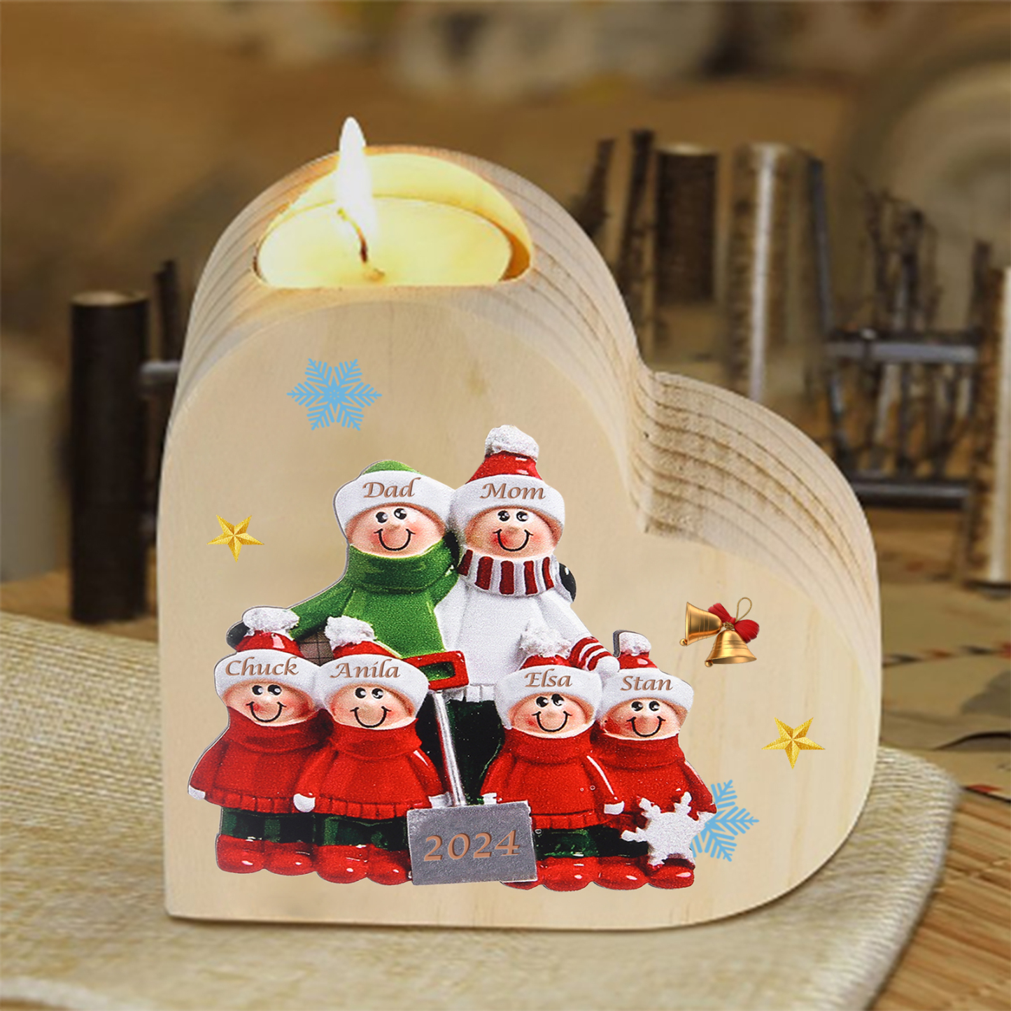Personalized Heart Wooden Candle Holder Snow Shoveling Family Custom with 2-8 Names Christmas Gift