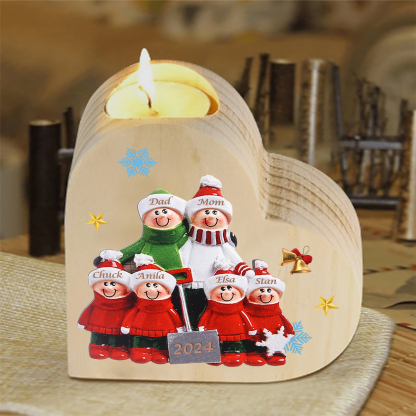 Personalized Heart Wooden Candle Holder Snow Shoveling Family Custom with 2-8 Names Christmas Gift