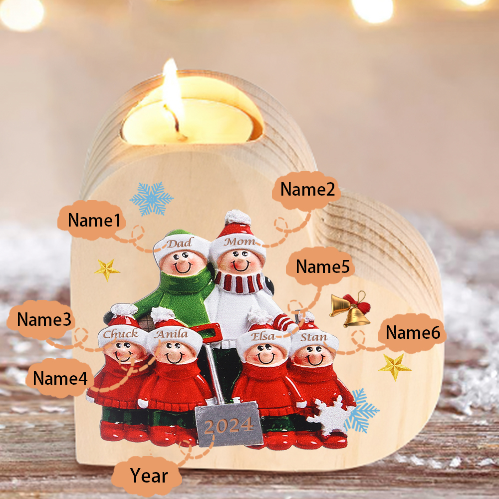 Personalized Heart Wooden Candle Holder Snow Shoveling Family Custom with 2-8 Names Christmas Gift