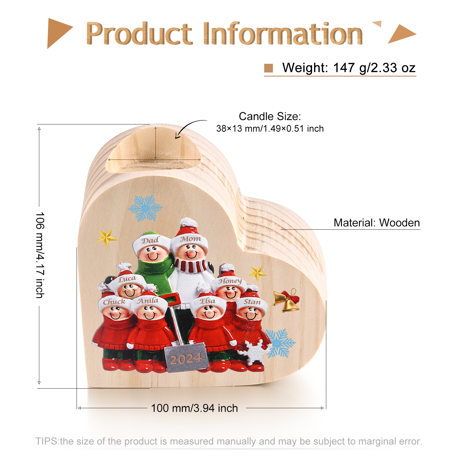 Personalized Heart Wooden Candle Holder Snow Shoveling Family Custom with 2-8 Names Christmas Gift