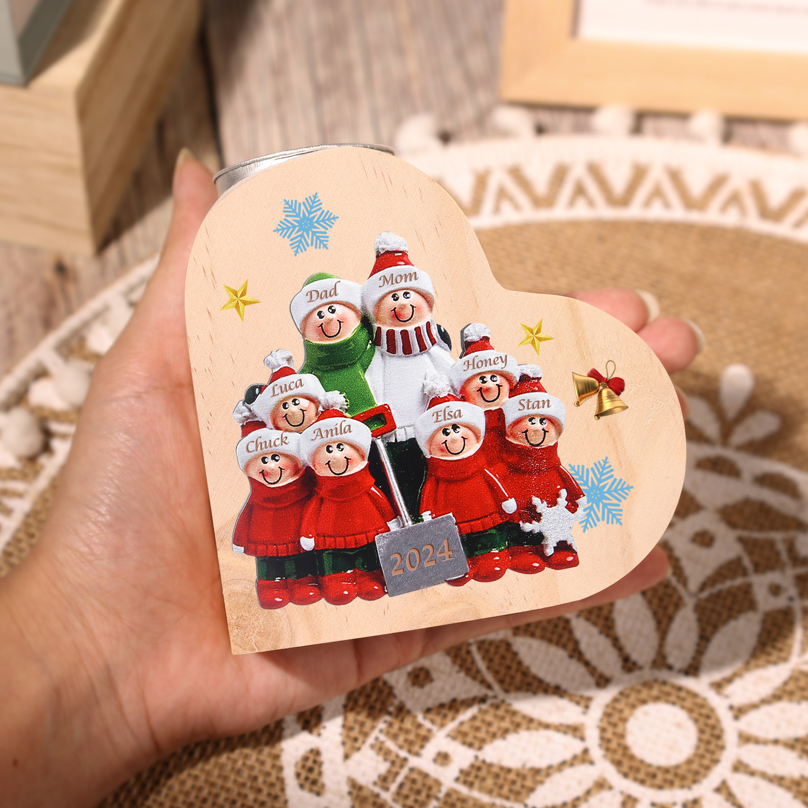 Personalized Heart Wooden Candle Holder Snow Shoveling Family Custom with 2-8 Names Christmas Gift