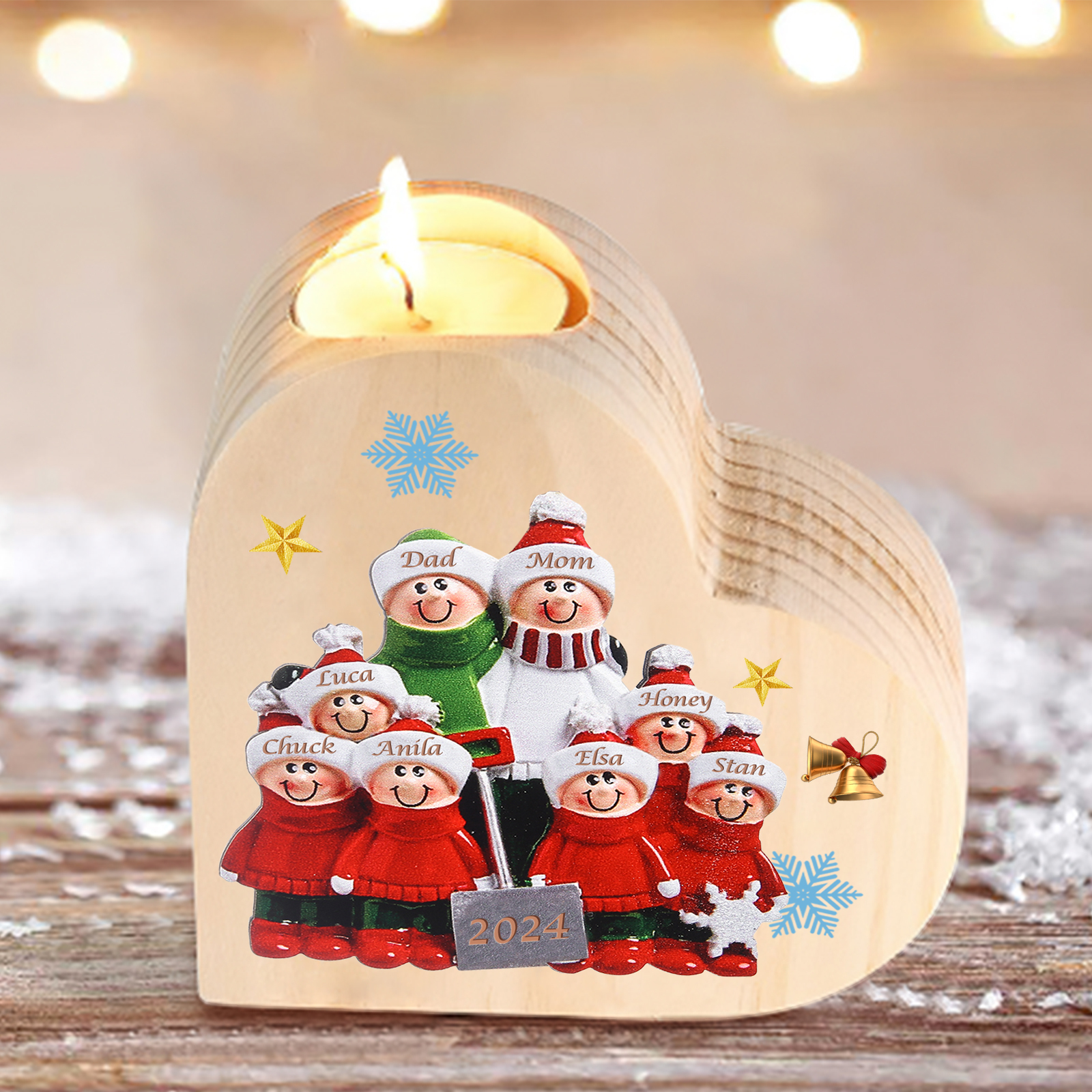Personalized Heart Wooden Candle Holder Snow Shoveling Family Custom with 2-8 Names Christmas Gift