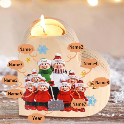 Personalized Heart Wooden Candle Holder Snow Shoveling Family Custom with 2-8 Names Christmas Gift