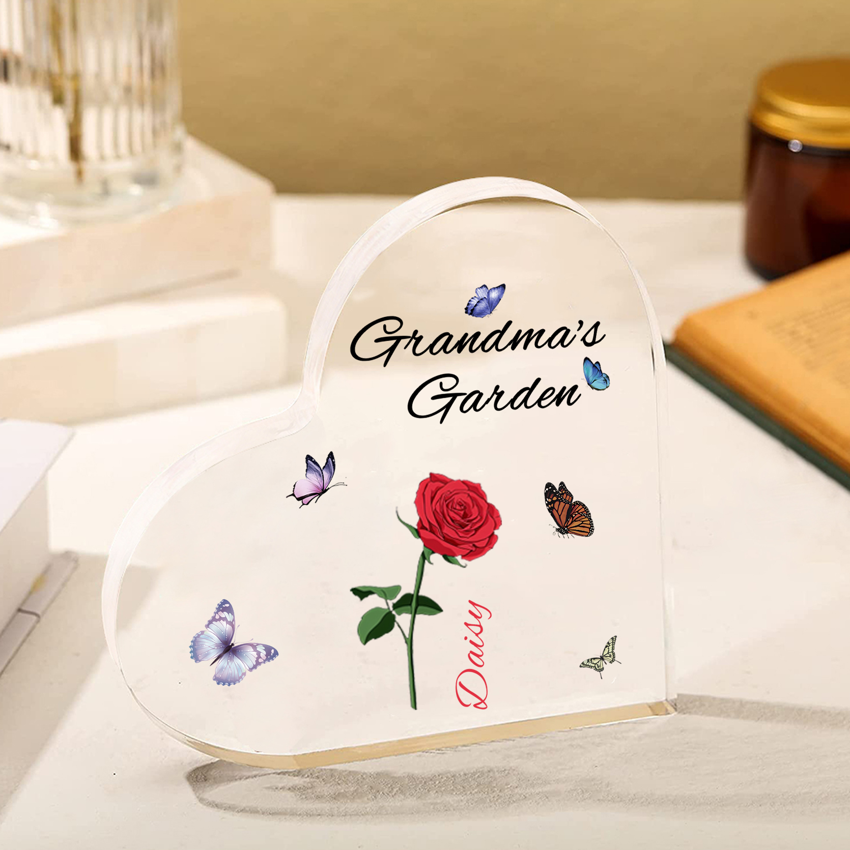 Grandma's Garden Personalized Heart Acrylic Plaque with Custom 1-8 Birth Flowers and Names Family Gift