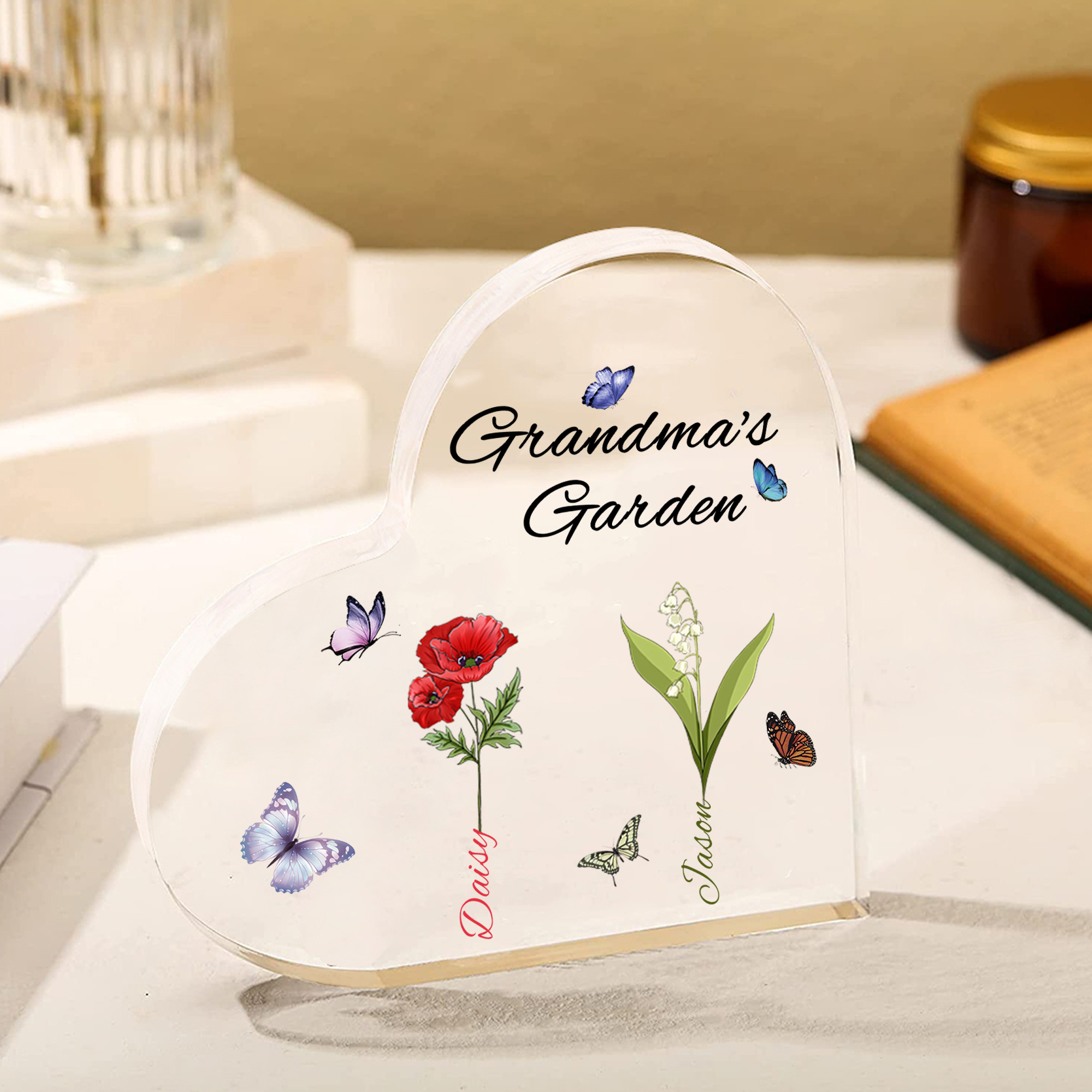 Grandma's Garden Personalized Heart Acrylic Plaque with Custom 1-8 Birth Flowers and Names Family Gift