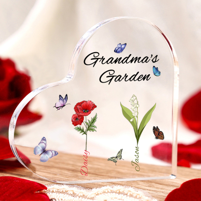 Grandma's Garden Personalized Heart Acrylic Plaque with Custom 1-8 Birth Flowers and Names Family Gift
