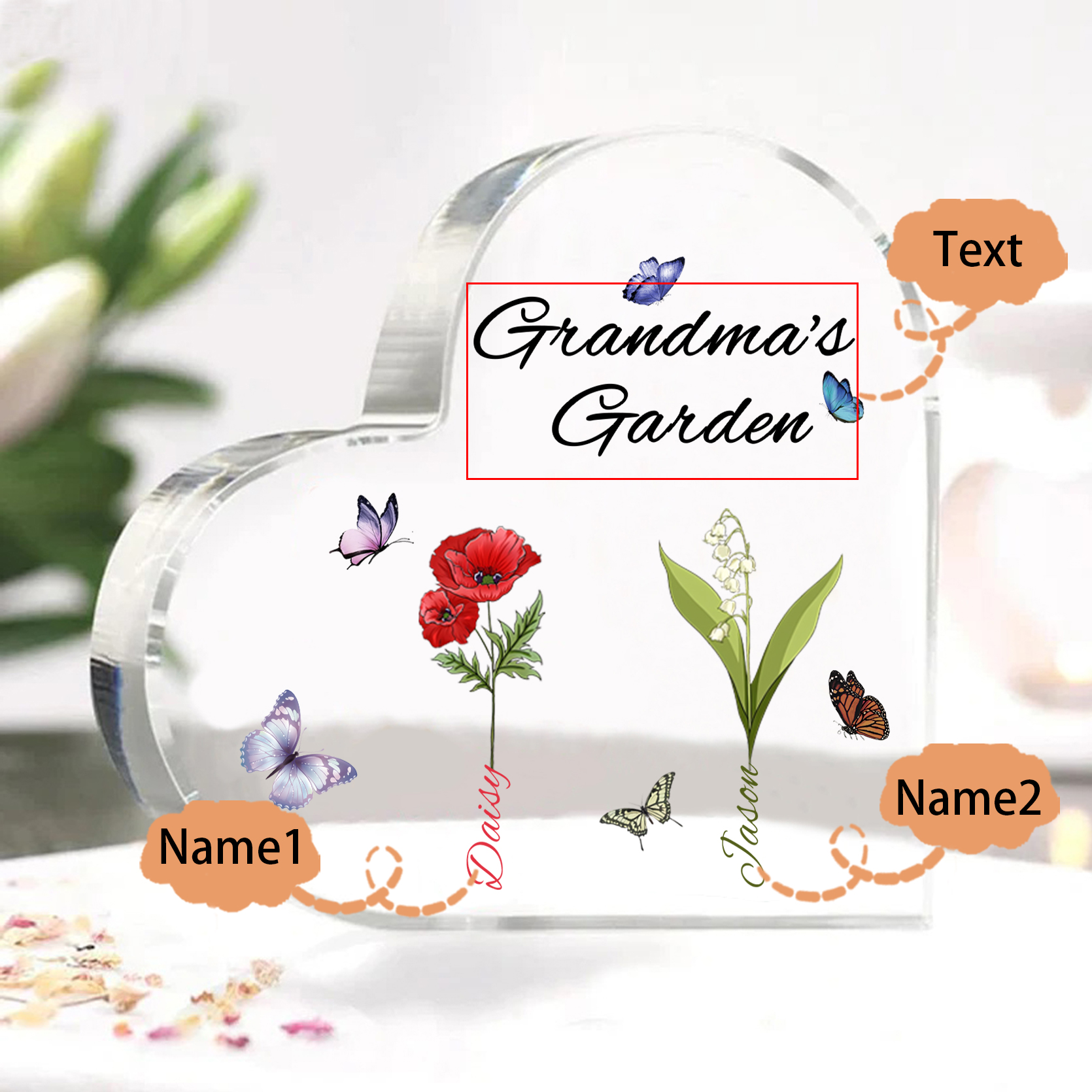 Grandma's Garden Personalized Heart Acrylic Plaque with Custom 1-8 Birth Flowers and Names Family Gift