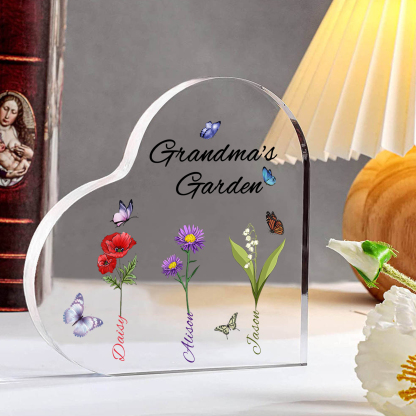 Grandma's Garden Personalized Heart Acrylic Plaque with Custom 1-8 Birth Flowers and Names Family Gift