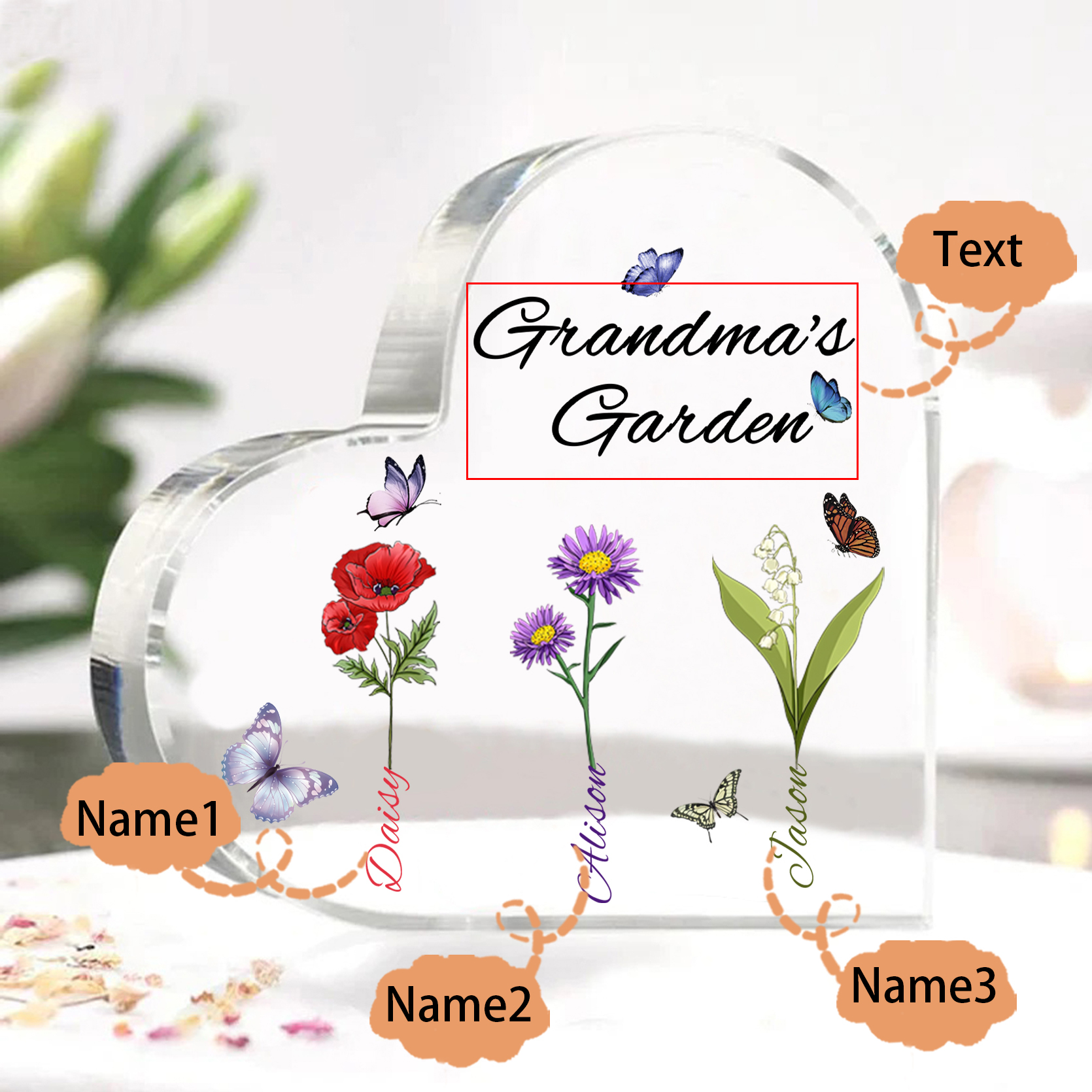 Grandma's Garden Personalized Heart Acrylic Plaque with Custom 1-8 Birth Flowers and Names Family Gift