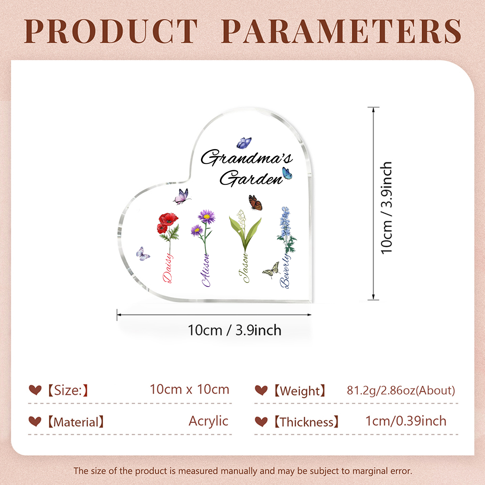 Grandma's Garden Personalized Heart Acrylic Plaque with Custom 1-8 Birth Flowers and Names Family Gift