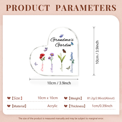 Grandma's Garden Personalized Heart Acrylic Plaque with Custom 1-8 Birth Flowers and Names Family Gift