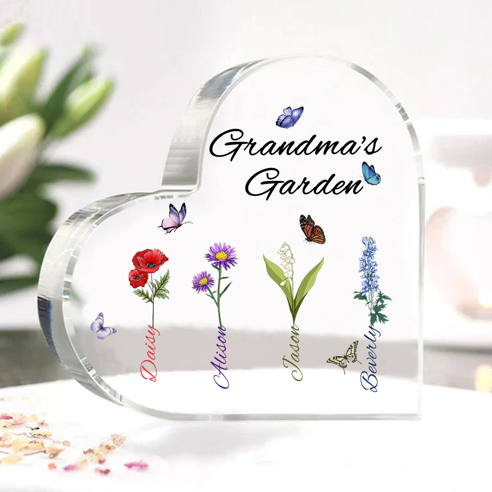 Grandma's Garden Personalized Heart Acrylic Plaque with Custom 1-8 Birth Flowers and Names Family Gift