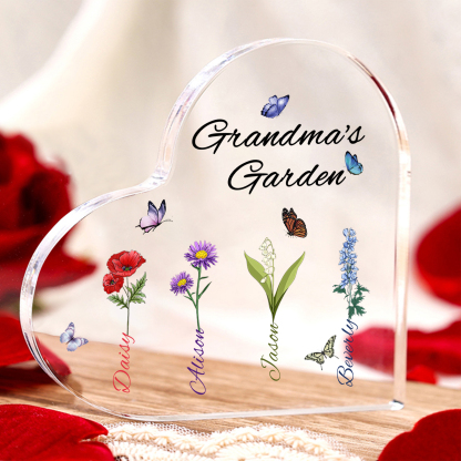 Grandma's Garden Personalized Heart Acrylic Plaque with Custom 1-8 Birth Flowers and Names Family Gift