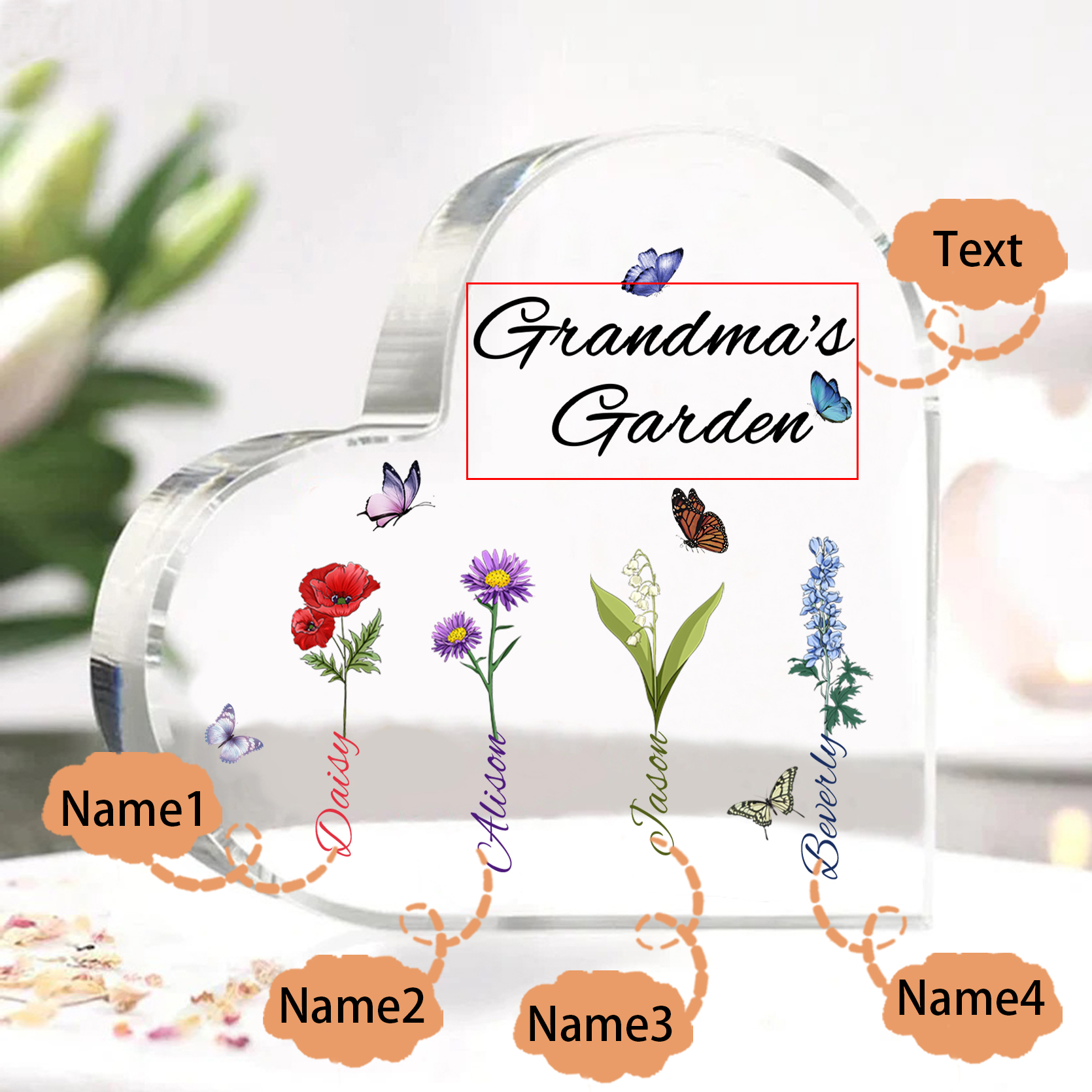 Grandma's Garden Personalized Heart Acrylic Plaque with Custom 1-8 Birth Flowers and Names Family Gift