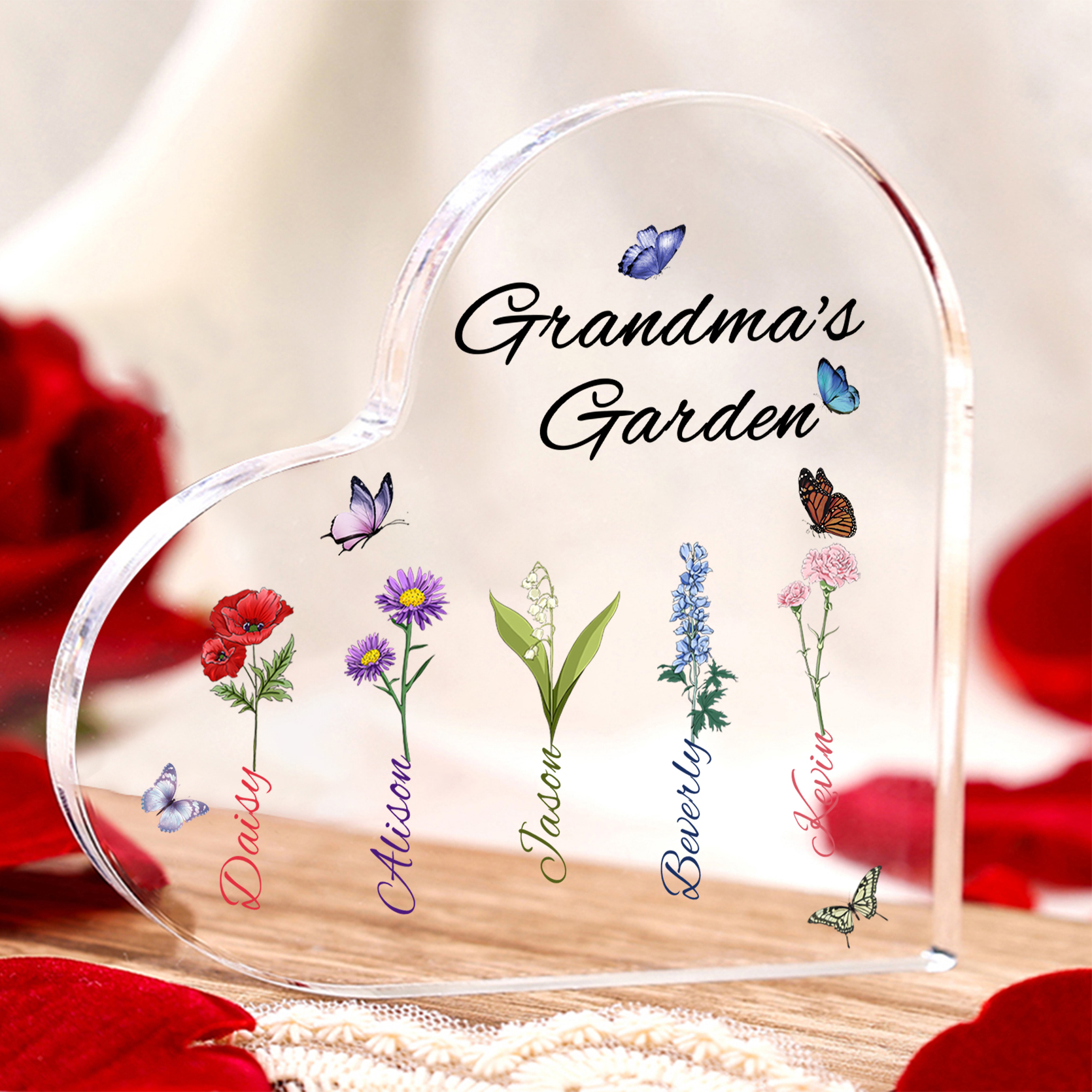 Grandma's Garden Personalized Heart Acrylic Plaque with Custom 1-8 Birth Flowers and Names Family Gift