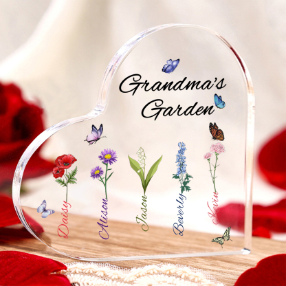 Grandma's Garden Personalized Heart Acrylic Plaque with Custom 1-8 Birth Flowers and Names Family Gift