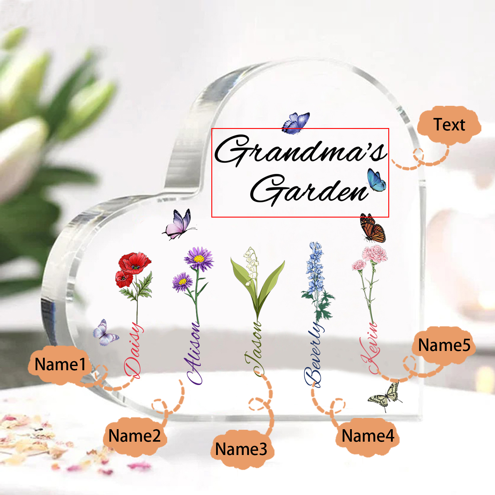 Grandma's Garden Personalized Heart Acrylic Plaque with Custom 1-8 Birth Flowers and Names Family Gift