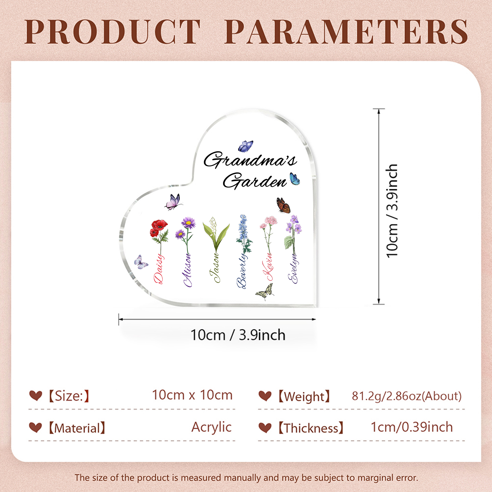 Grandma's Garden Personalized Heart Acrylic Plaque with Custom 1-8 Birth Flowers and Names Family Gift