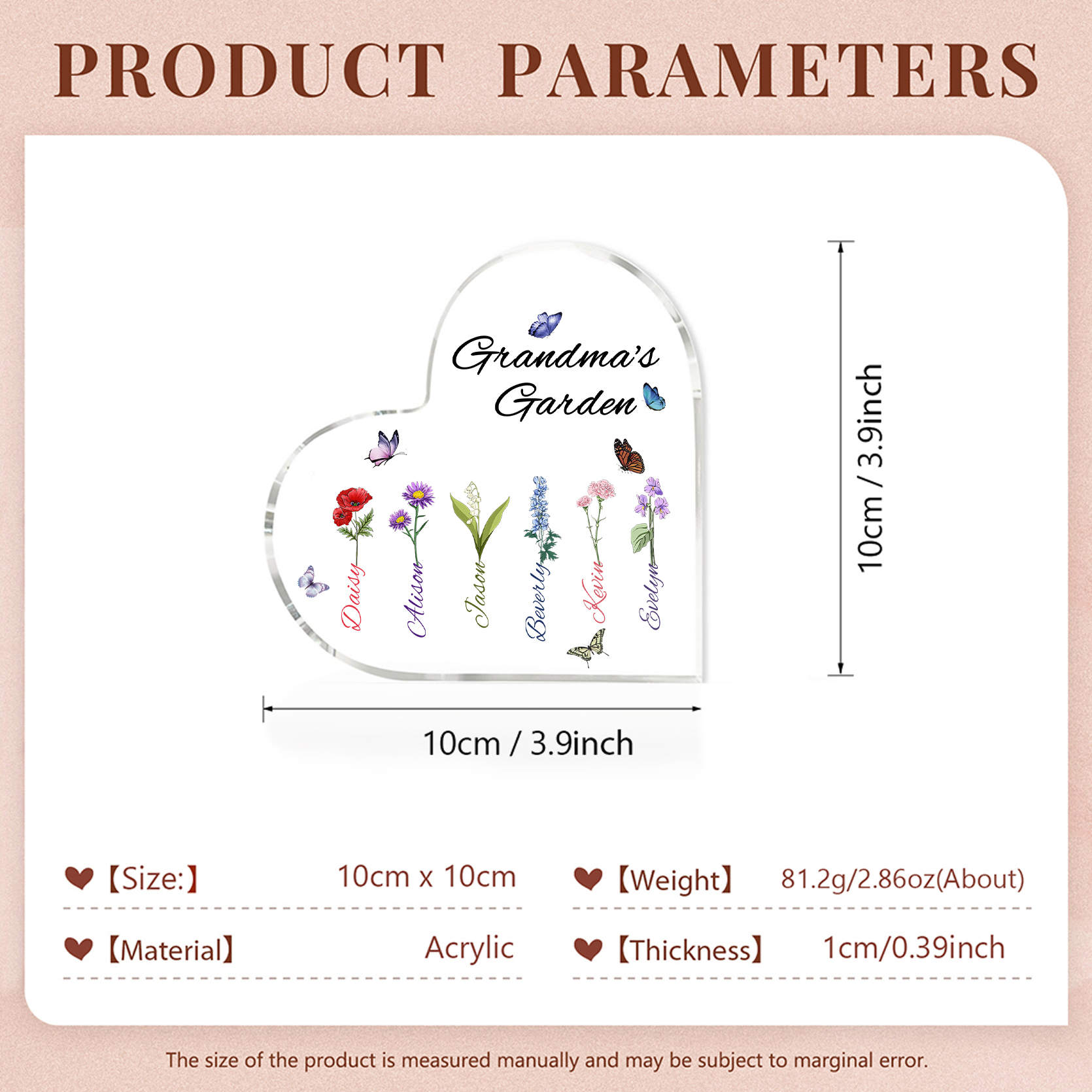 Grandma's Garden Personalized Heart Acrylic Plaque with Custom 1-8 Birth Flowers and Names Family Gift