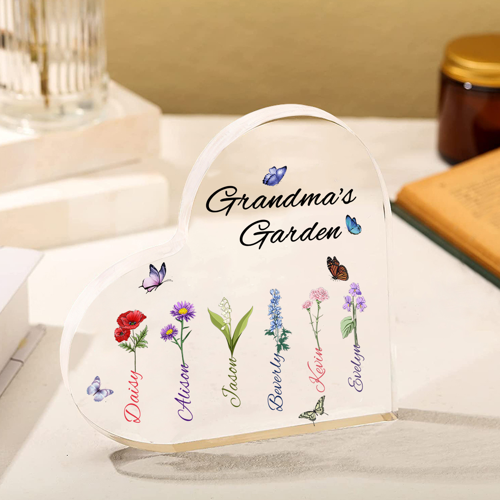 Grandma's Garden Personalized Heart Acrylic Plaque with Custom 1-8 Birth Flowers and Names Family Gift