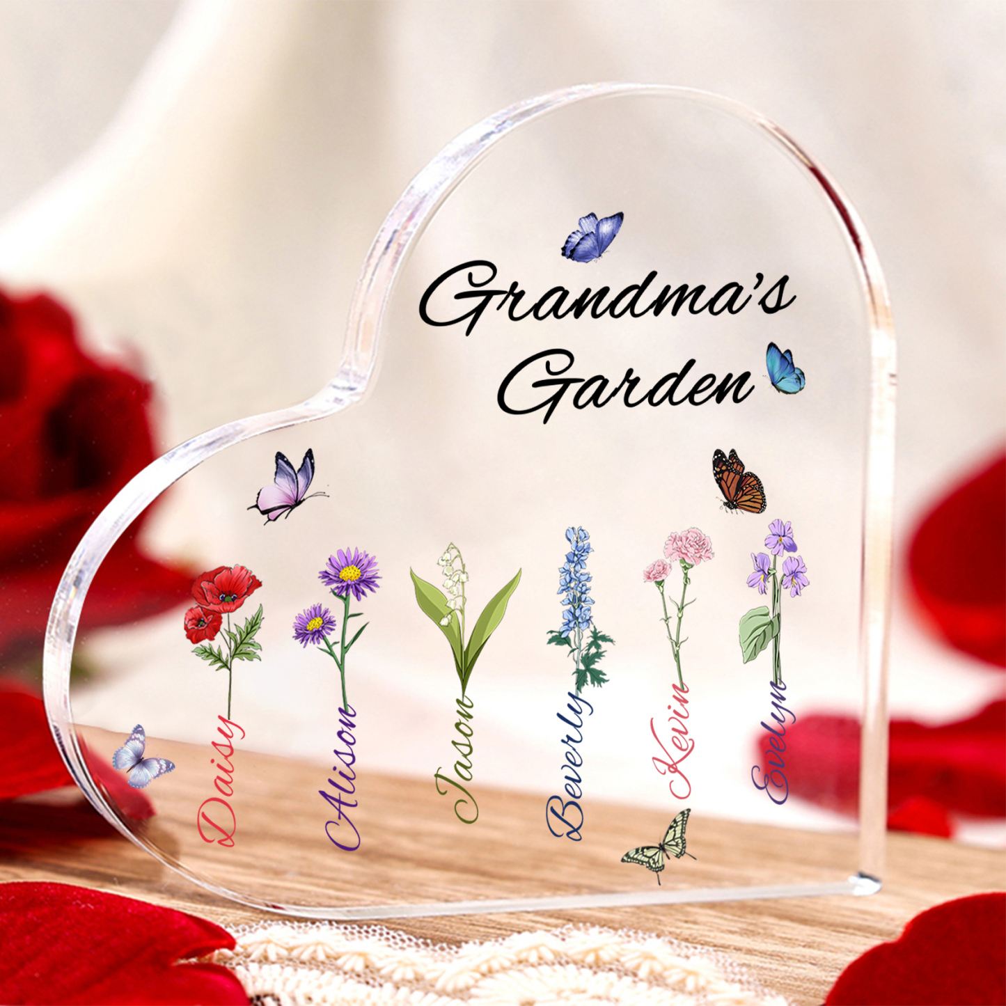 Grandma's Garden Personalized Heart Acrylic Plaque with Custom 1-8 Birth Flowers and Names Family Gift