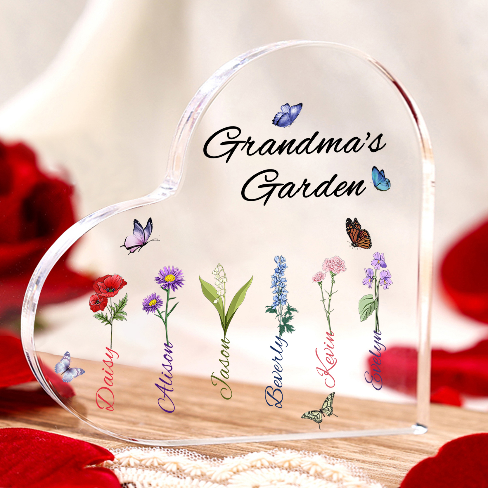 Grandma's Garden Personalized Heart Acrylic Plaque with Custom 1-8 Birth Flowers and Names Family Gift