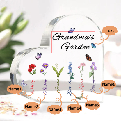 Grandma's Garden Personalized Heart Acrylic Plaque with Custom 1-8 Birth Flowers and Names Family Gift