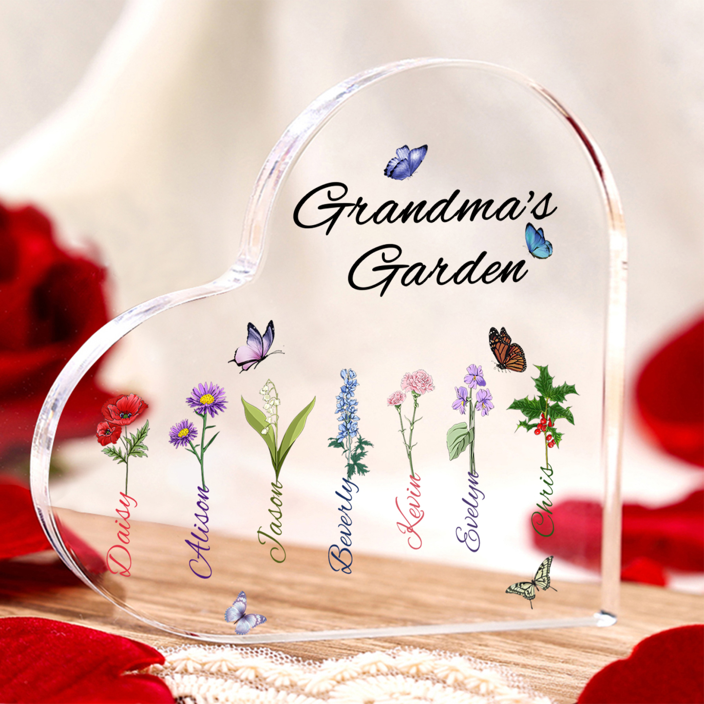 Grandma's Garden Personalized Heart Acrylic Plaque with Custom 1-8 Birth Flowers and Names Family Gift
