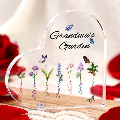 Grandma's Garden Personalized Heart Acrylic Plaque with Custom 1-8 Birth Flowers and Names Family Gift