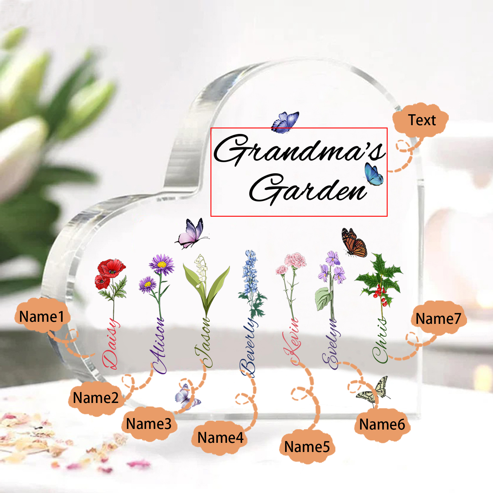 Grandma's Garden Personalized Heart Acrylic Plaque with Custom 1-8 Birth Flowers and Names Family Gift