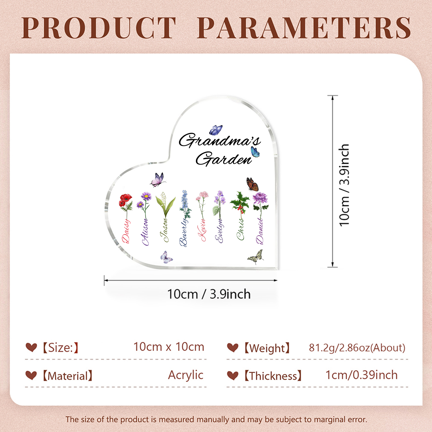 Grandma's Garden Personalized Heart Acrylic Plaque with Custom 1-8 Birth Flowers and Names Family Gift