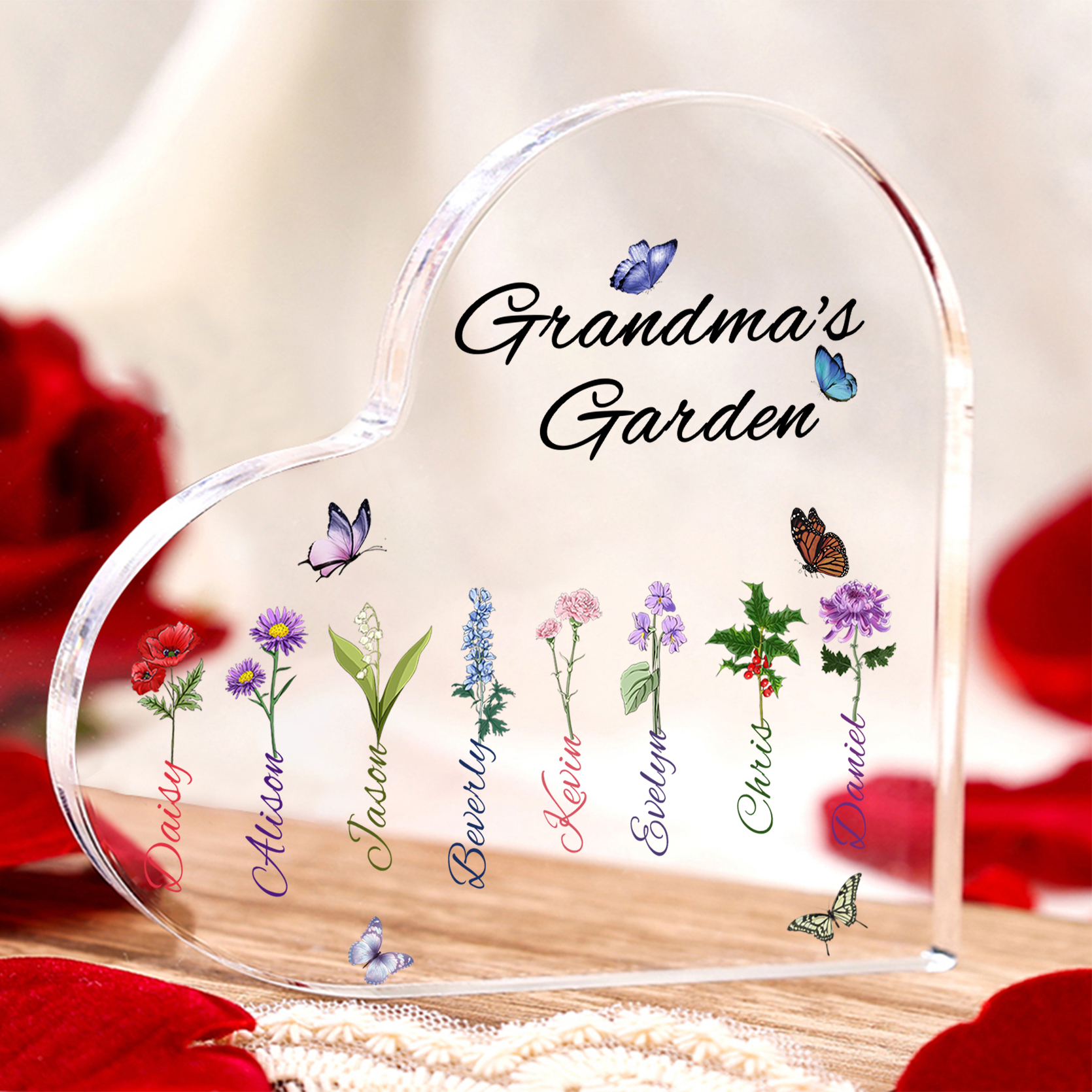 Grandma's Garden Personalized Heart Acrylic Plaque with Custom 1-8 Birth Flowers and Names Family Gift