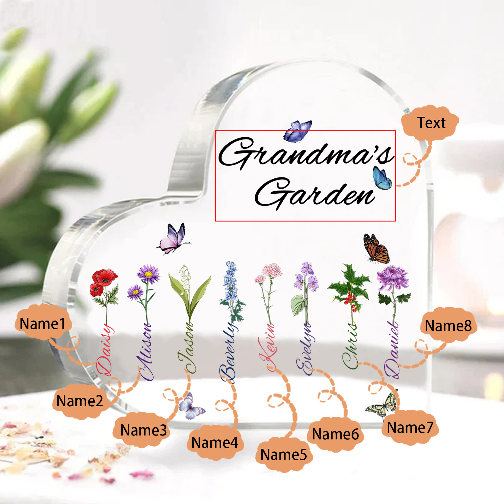 Grandma's Garden Personalized Heart Acrylic Plaque with Custom 1-8 Birth Flowers and Names Family Gift