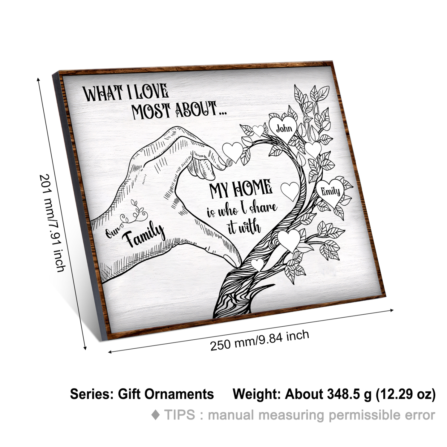 Personalized Family Tree Wood Plaque Custom with 2-7 Heart Names Wood Frame Family Gift 