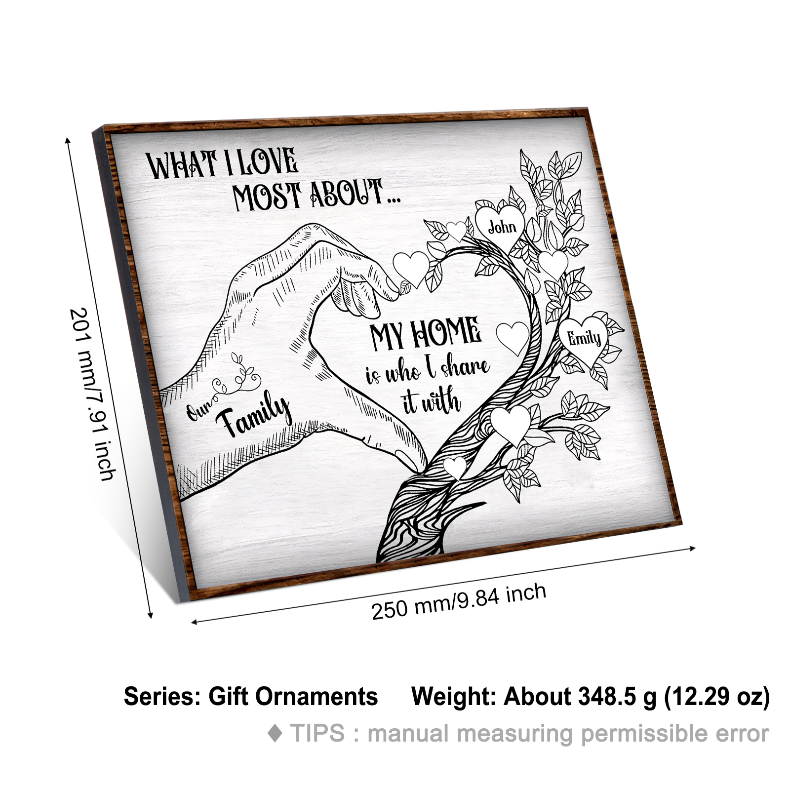 Personalized Family Tree Wood Plaque Custom with 2-7 Heart Names Wood Frame Family Gift 