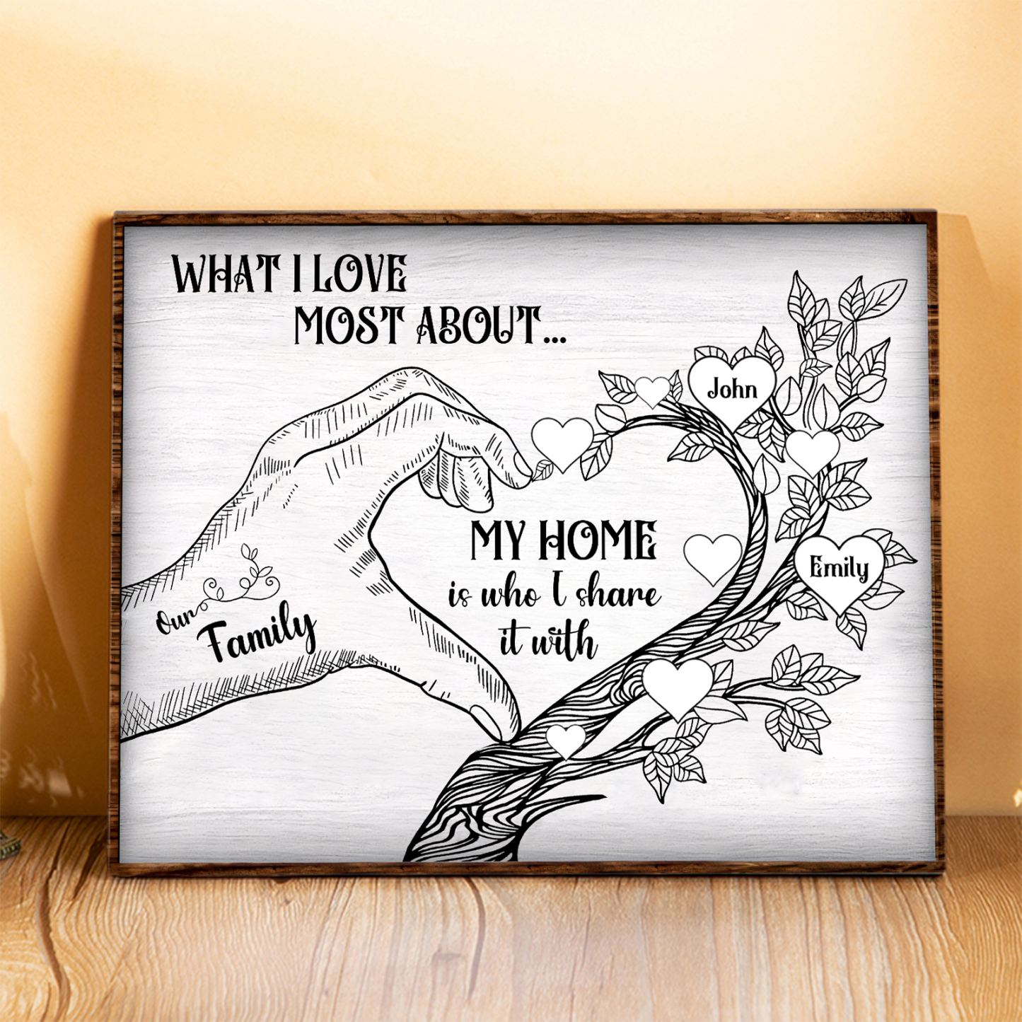 Personalized Family Tree Wood Plaque Custom with 2-7 Heart Names Wood 
