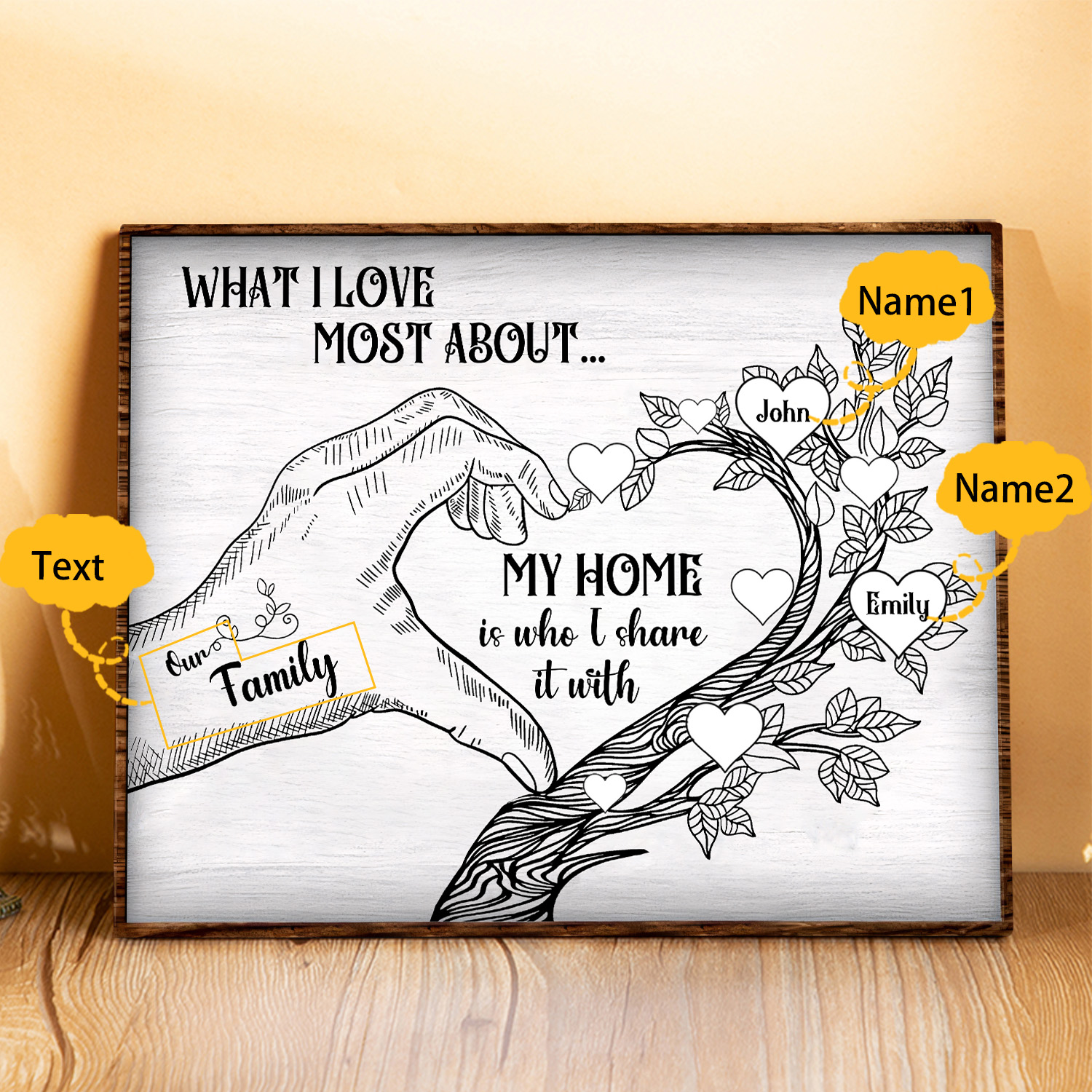 Personalized Family Tree Wood Plaque Custom with 2-7 Heart Names Wood Frame Family Gift 
