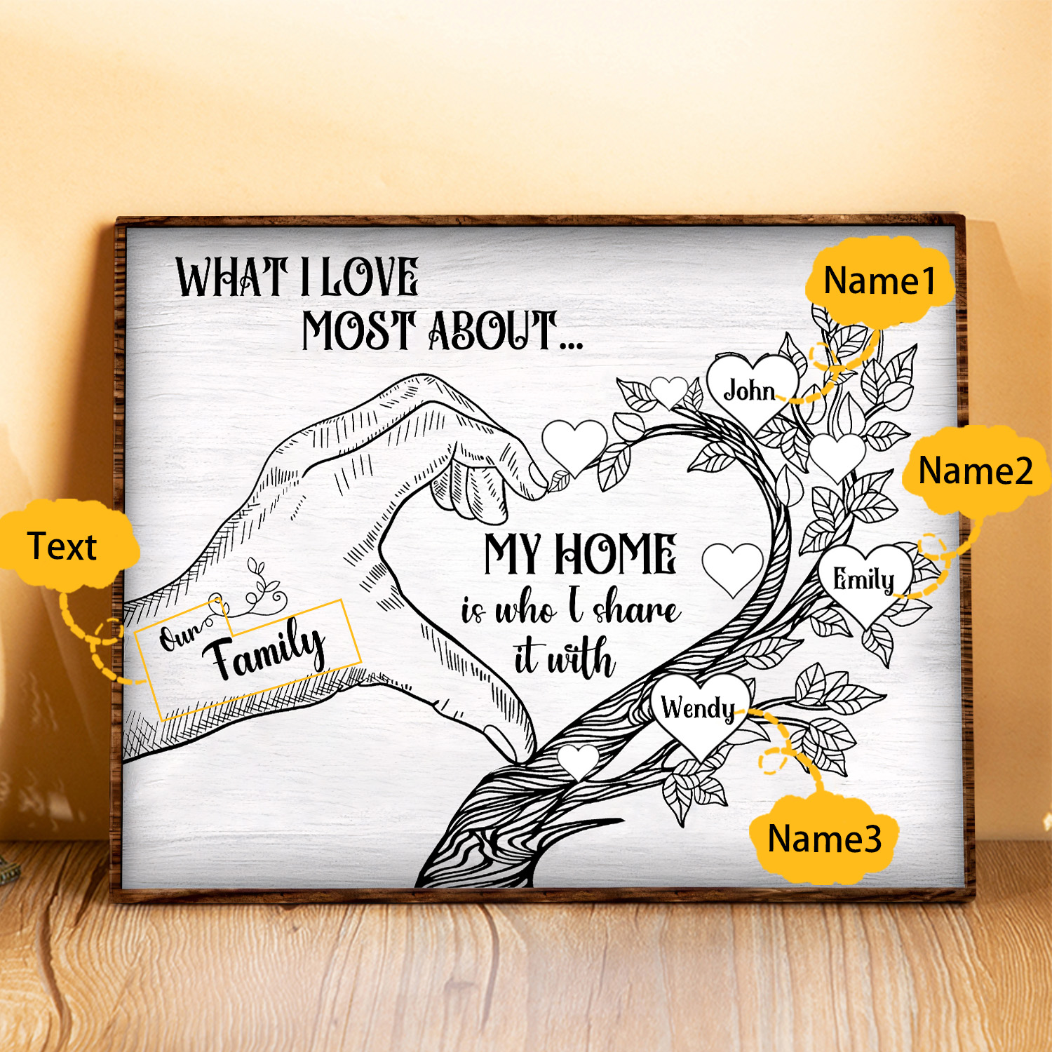 Personalized Family Tree Wood Plaque Custom with 2-7 Heart Names Wood Frame Family Gift 