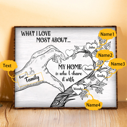 Personalized Family Tree Wood Plaque Custom with 2-7 Heart Names Wood Frame Family Gift 