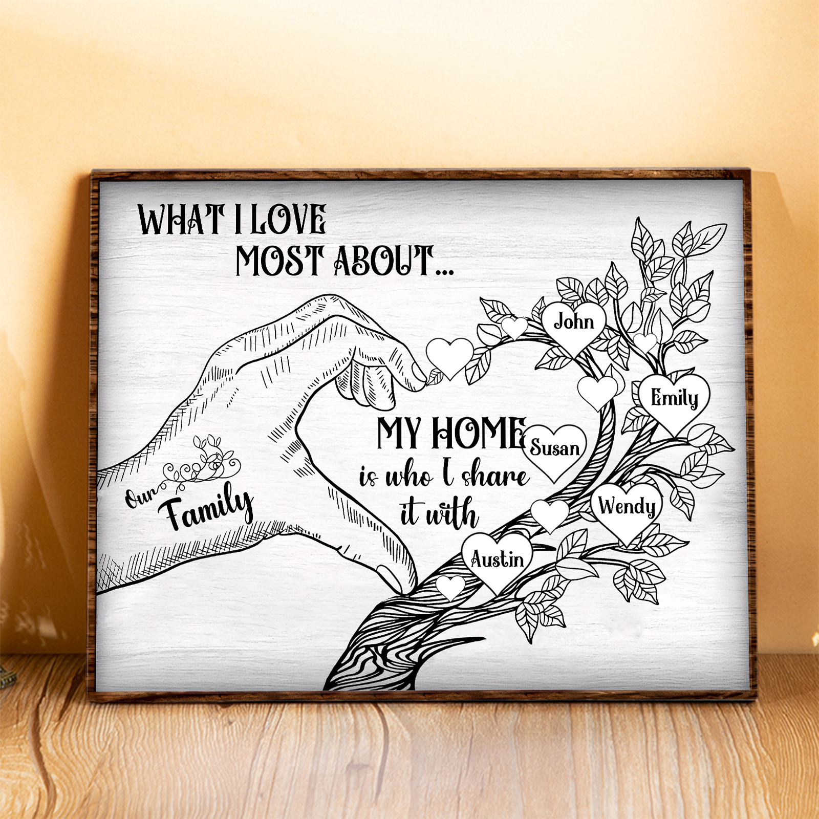 Personalized Family Tree Wood Plaque Custom with 2-7 Heart Names Wood Frame Family Gift 