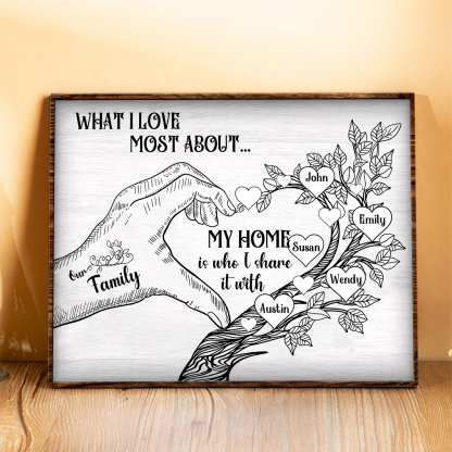 Personalized Family Tree Wood Plaque Custom with 2-7 Heart Names Wood Frame Family Gift 