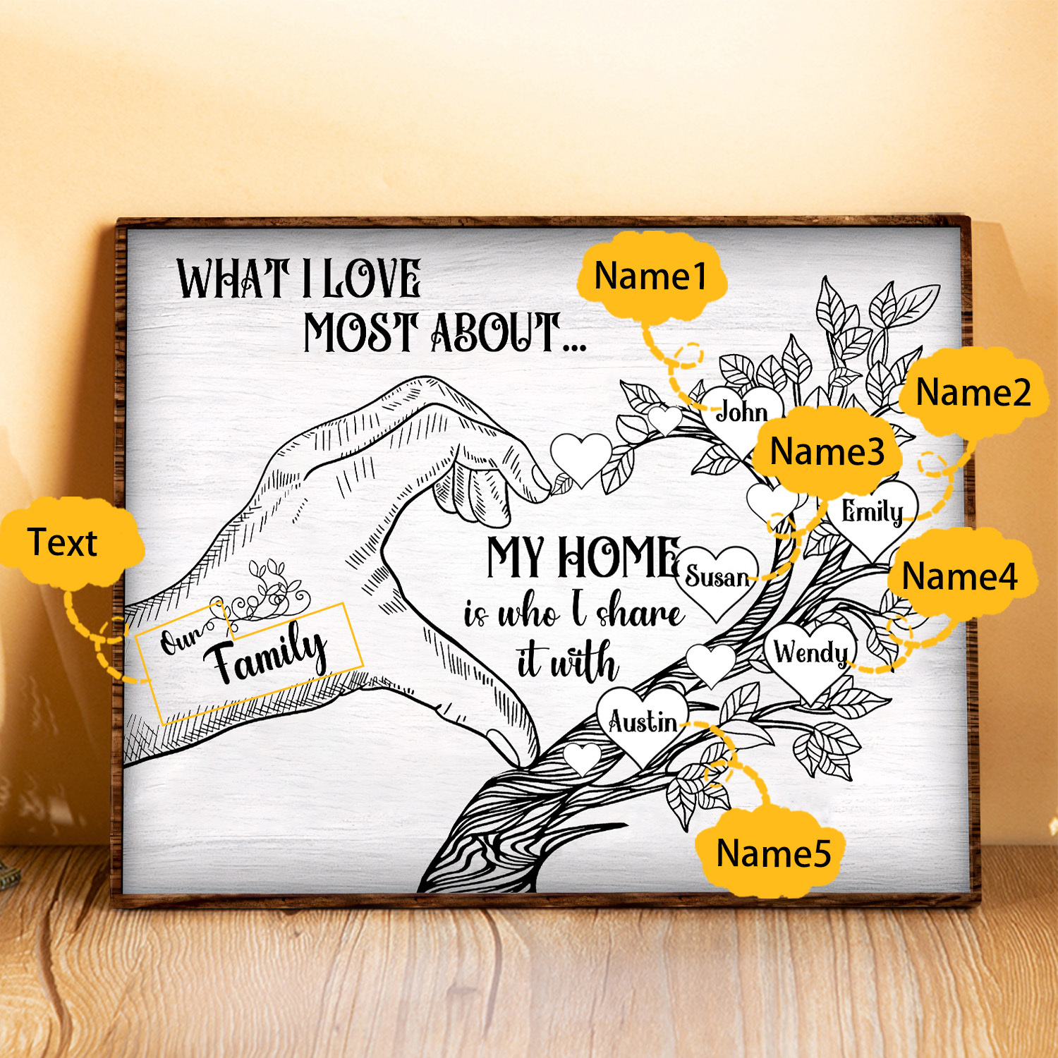Personalized Family Tree Wood Plaque Custom with 2-7 Heart Names Wood Frame Family Gift 