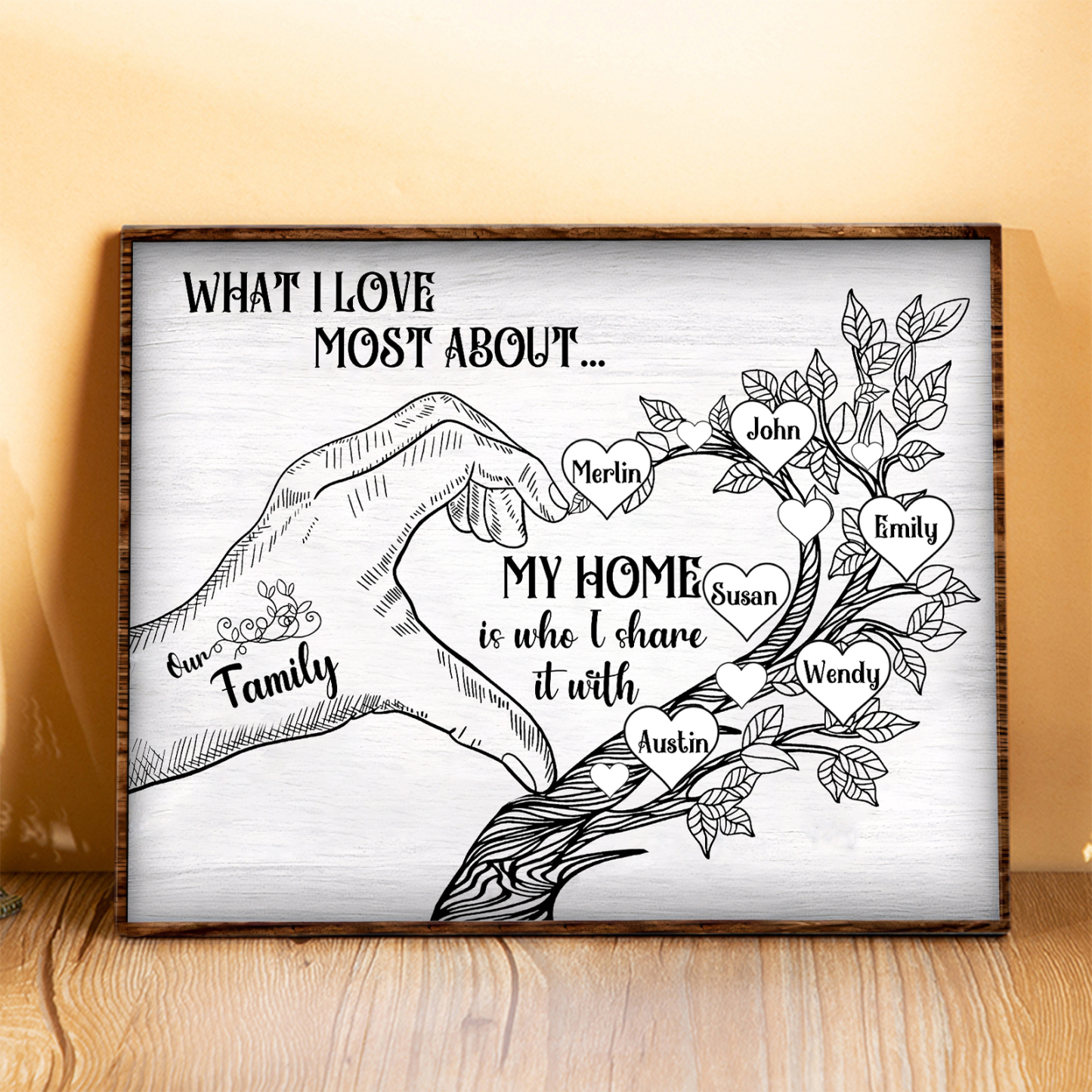 Personalized Family Tree Wood Plaque Custom with 2-7 Heart Names Wood Frame Family Gift 