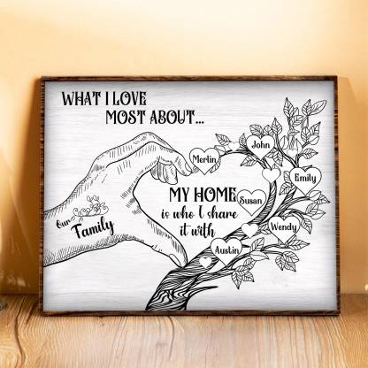 Personalized Family Tree Wood Plaque Custom with 2-7 Heart Names Wood Frame Family Gift 