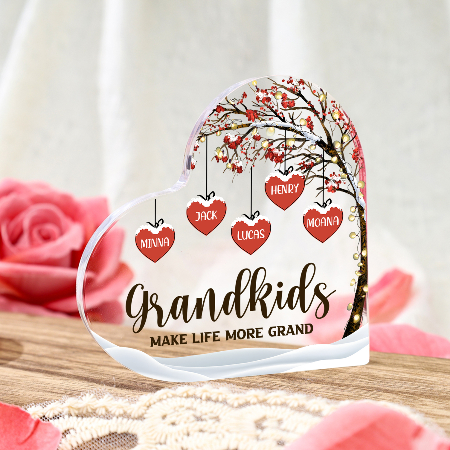 Family Tree Personalized Heart Acrylic Plaque with Custom 1-12 Names Sentimental Gift for Grandparents