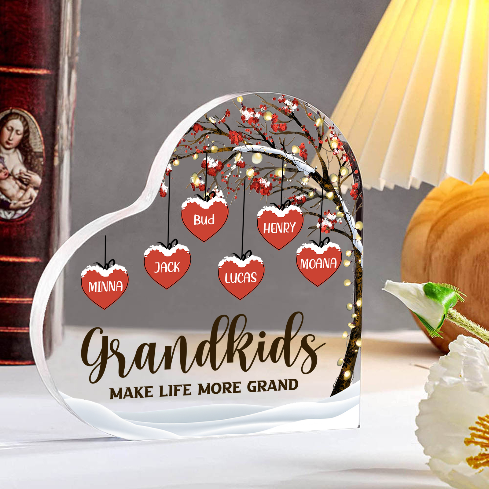 Family Tree Personalized Heart Acrylic Plaque with Custom 1-12 Names Sentimental Gift for Grandparents