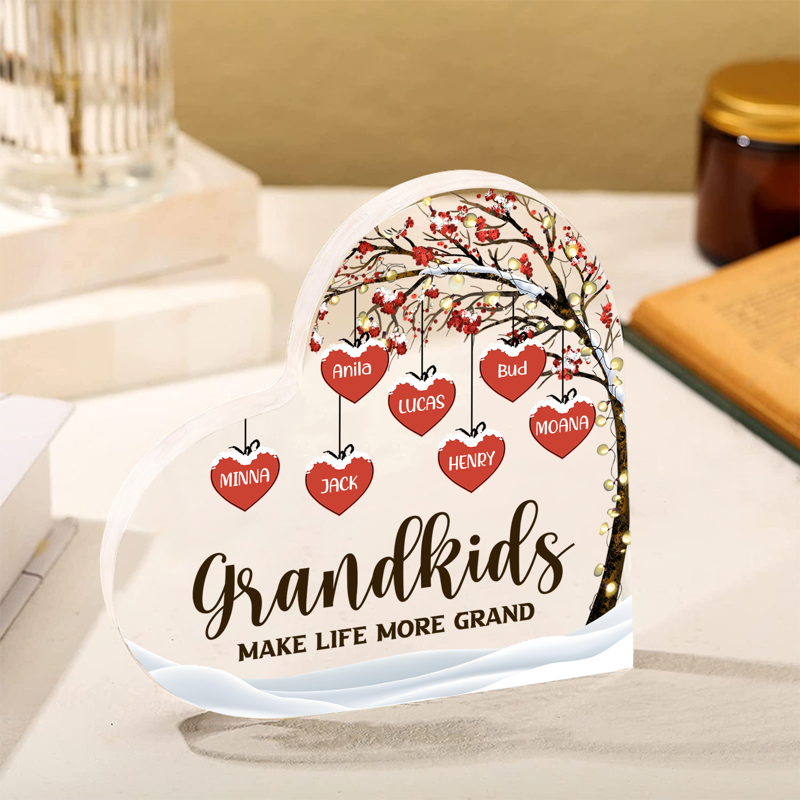 Family Tree Personalized Heart Acrylic Plaque with Custom 1-12 Names Sentimental Gift for Grandparents