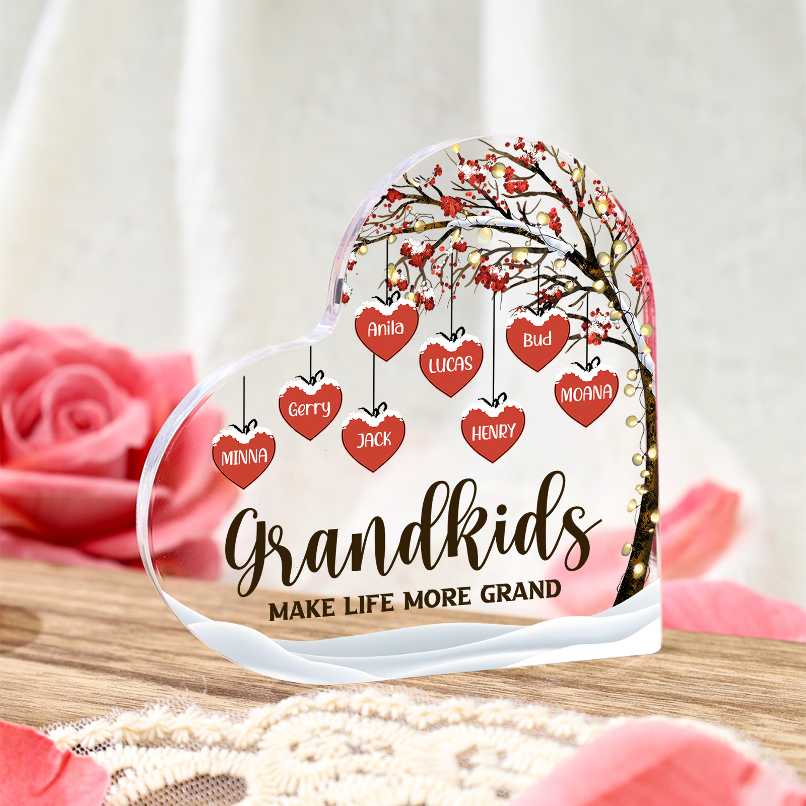 Family Tree Personalized Heart Acrylic Plaque with Custom 1-12 Names Sentimental Gift for Grandparents