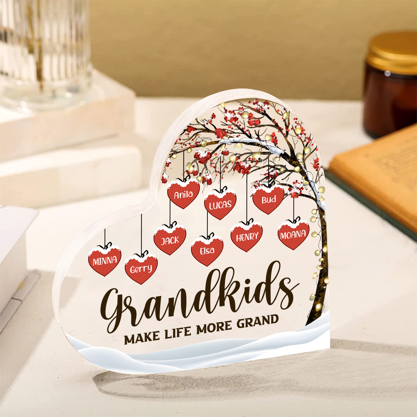 Family Tree Personalized Heart Acrylic Plaque with Custom 1-12 Names Sentimental Gift for Grandparents