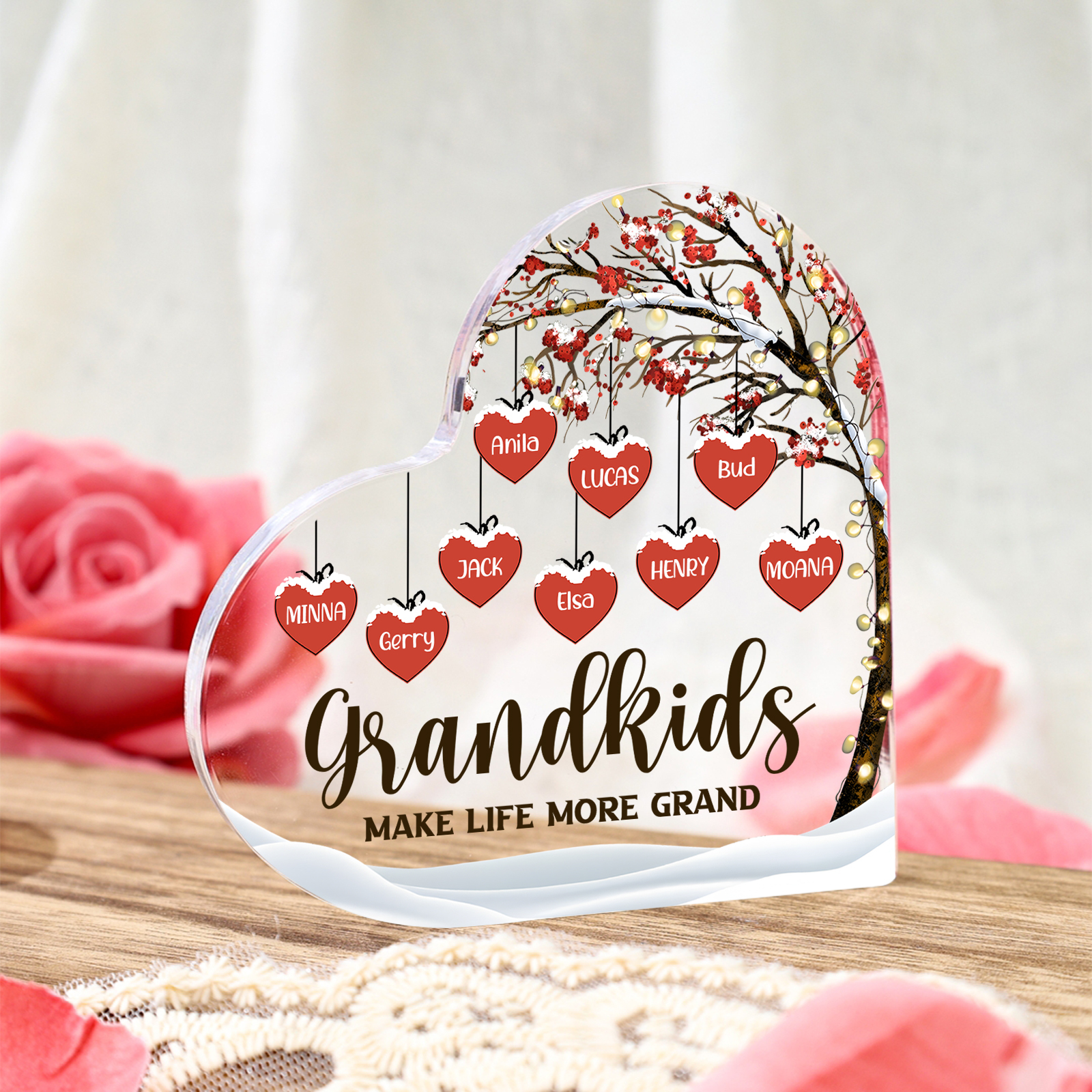 Family Tree Personalized Heart Acrylic Plaque with Custom 1-12 Names Sentimental Gift for Grandparents